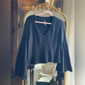 FREE PEOPLE  DAMSEL CABLE KNIT PULLOVER Sweater w Bell Sleeves IN BLACK